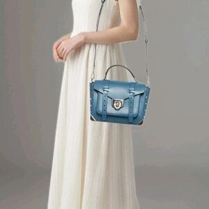 Micheal Kors Manhattan Blue Leather Satchel Handbag Gold Accents